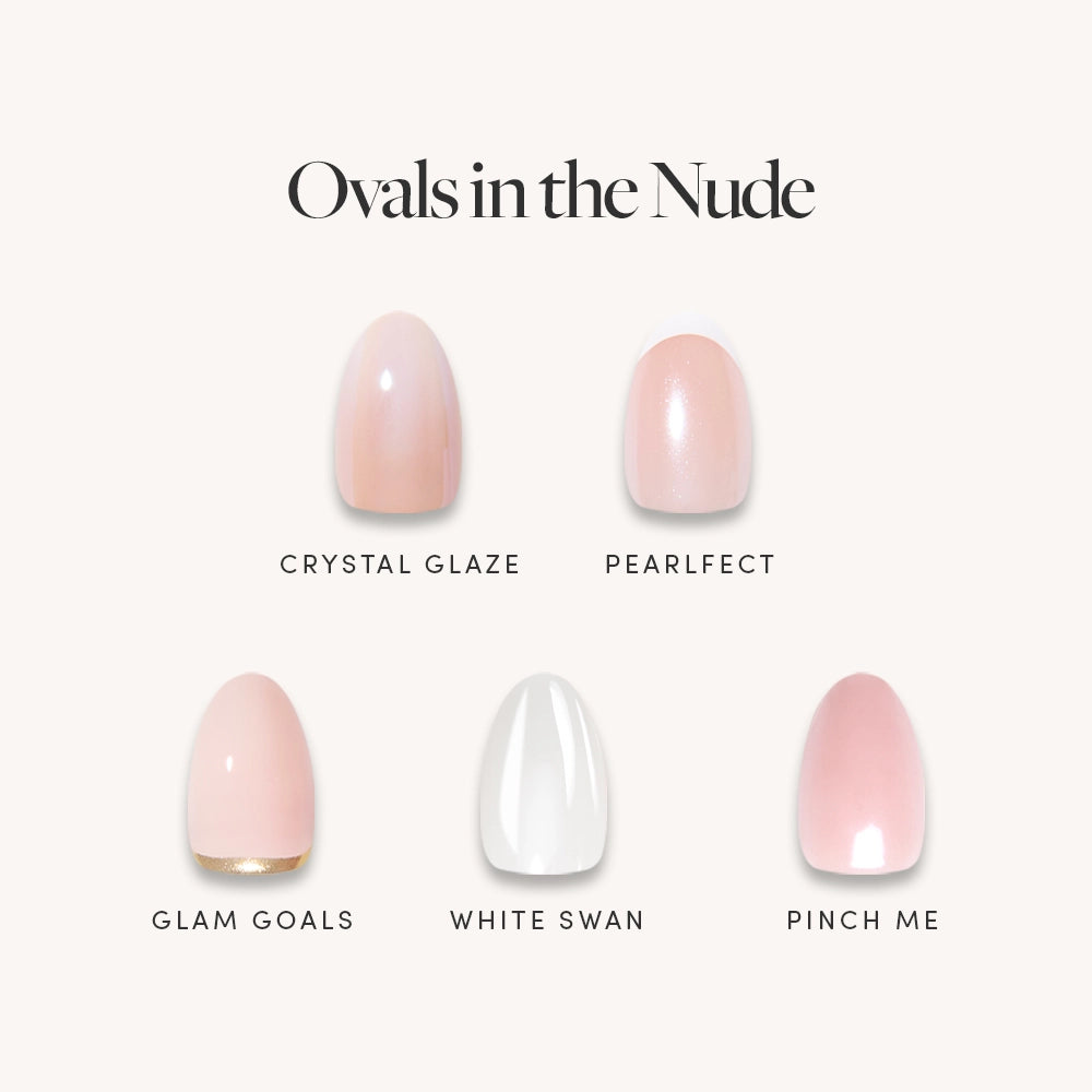 Discover Ovals in the Nude by glamnetic—five salon-quality oval press-on nail samples in elegant, neutral shades: Crystal Glaze, Pearlfect, Glam Goals, White Swan, and Pinch Me. Each sample features a distinct soft pink, nude, or white hue on a light background for chic, sophisticated nails. - Product image