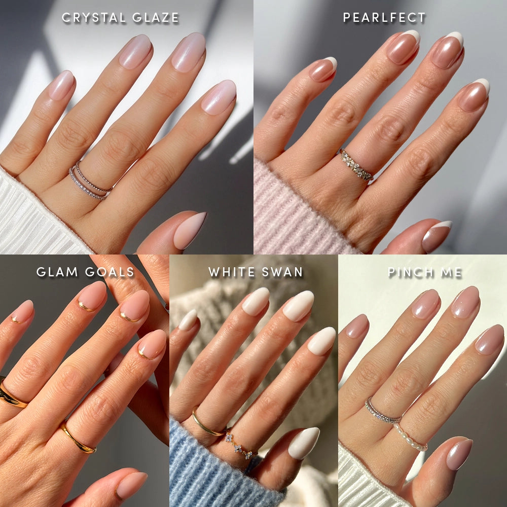 Six manicured hands are displayed in a grid, each showcasing a different nude or pastel nail design from glamnetic's Ovals in the Nude collection, with names like Crystal Glaze, Pearlfect, Glam Goals, White Swan, and Pinch Me. Each hand is adorned with delicate rings, highlighting the elegant look of these salon-quality short oval press-on nails. - Product image
