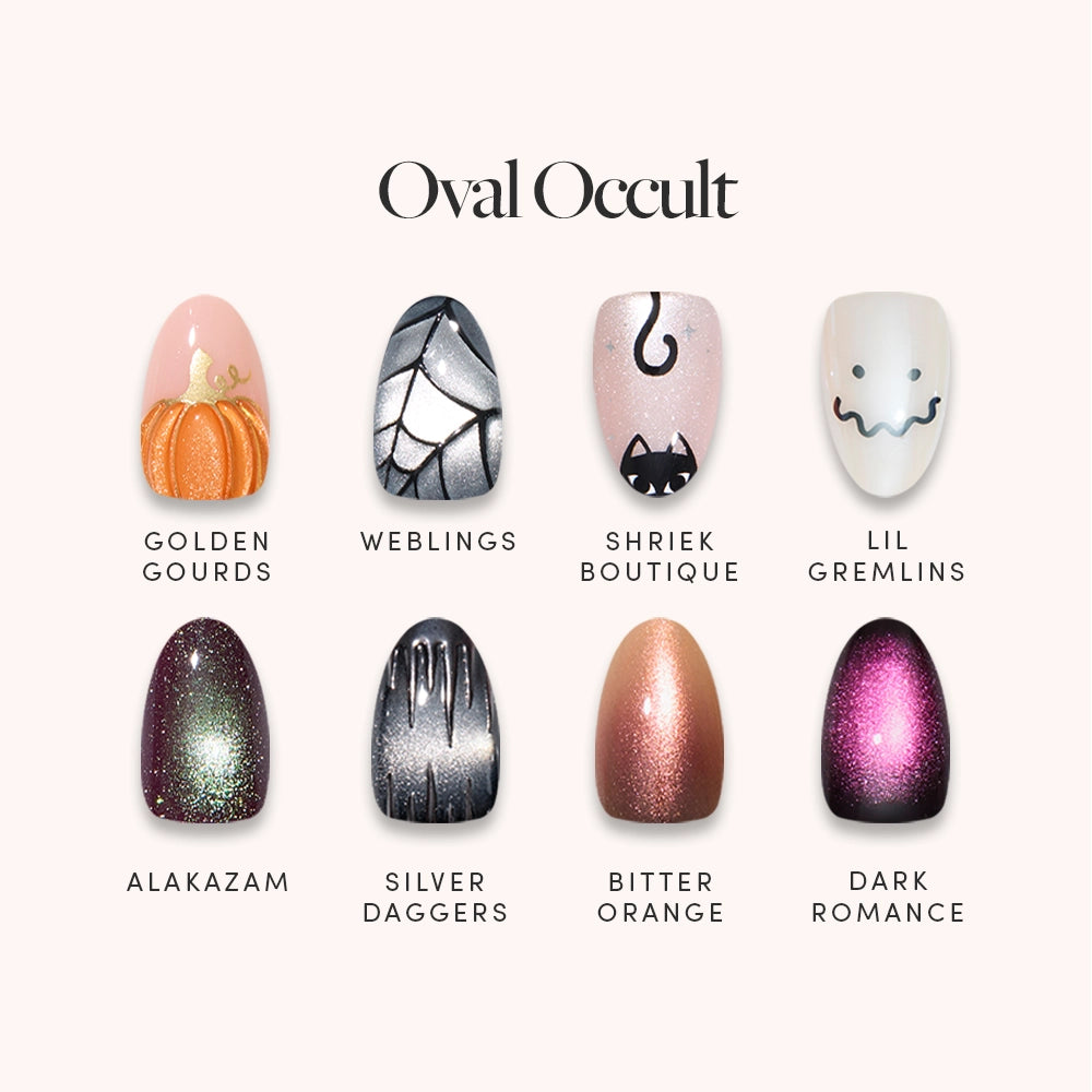 A chart titled Oval Occult by glamnetic features eight salon-quality press-on mani designs—Golden Gourds, Weblings, Shriek Boutique, Lil Gremlins, Alakazam, Silver Daggers, Bitter Orange, and Dark Romance. Each set showcases short oval nails with intricate Halloween and metallic themes. - Product image