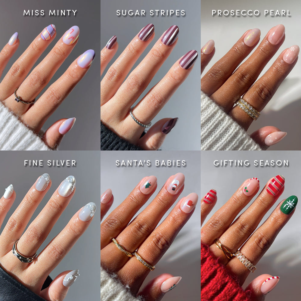 Oval & Bright - A grid of six hands showcasing the Glamnetic Oval & Bright collection, featuring short oval press-on nail designs titled Miss Minty, Sugar Stripes, Prosecco Pearl, Fine Silver, Santas Babies, and Gifting Season.
