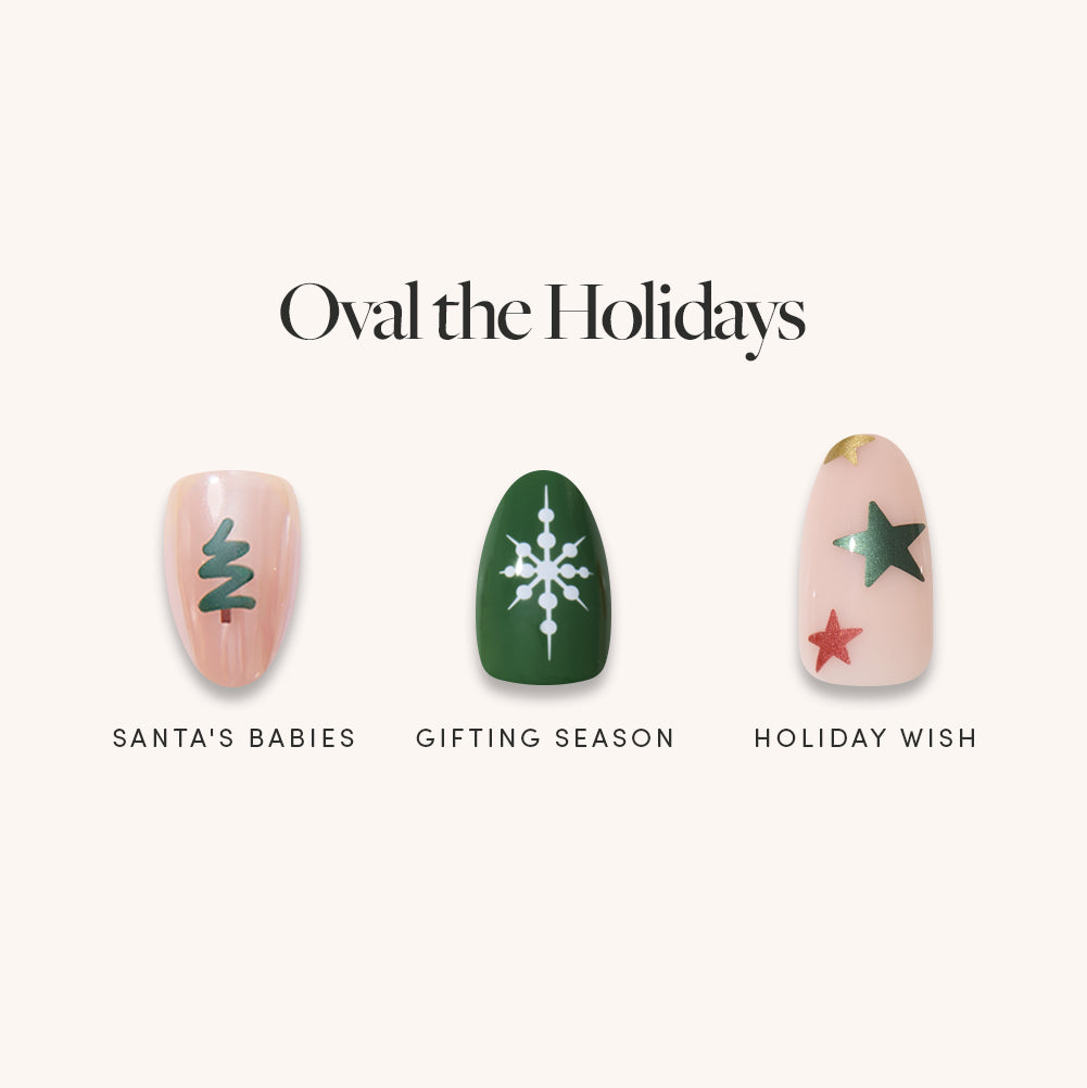 Oval the Holiday - Glamnetic Oval the Holiday press-on nails featuring three oval shapes: a nude nail labeled Santas Babies with a green tree, a green snowflake nail labeled Gifting Season, and a nude nail with red and green stars labeled Holiday Wish.