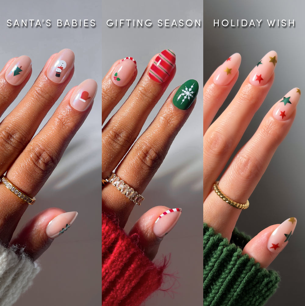 Oval the Holiday - Three sets of Glamnetic Oval the Holiday press-on nails in an oval shape, featuring festive designs including snowmen, Christmas trees, candy cane stripes, and stars.