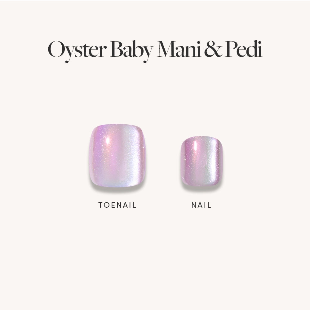 Two press-on nails in iridescent pearly pink and pearlescent purple are shown below the text glamnetic Pearlescent Purple Mani & Pedi Bundles on a light background. - Product image