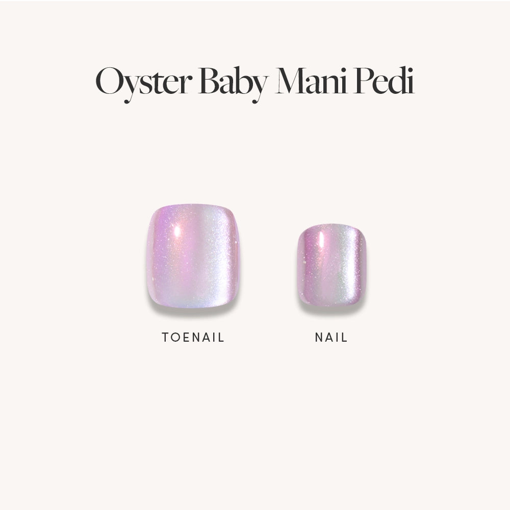 Two press-on nails in iridescent pearly pink and pearlescent purple are shown below the text glamnetic Pearlescent Purple Mani & Pedi Bundles on a light background. - Product image