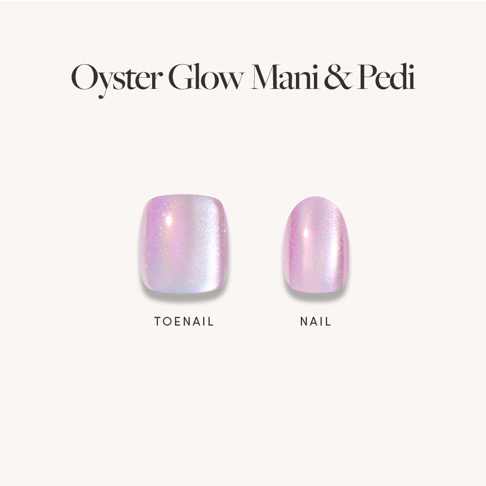 Two glamnetic press-on nails are shown—one for a toenail, one for a fingernail—in pearlescent purple and shimmery light pink with a pearl finish. Text: Pearlescent Purple Mani & Pedi Bundles from glamnetic. - Product image