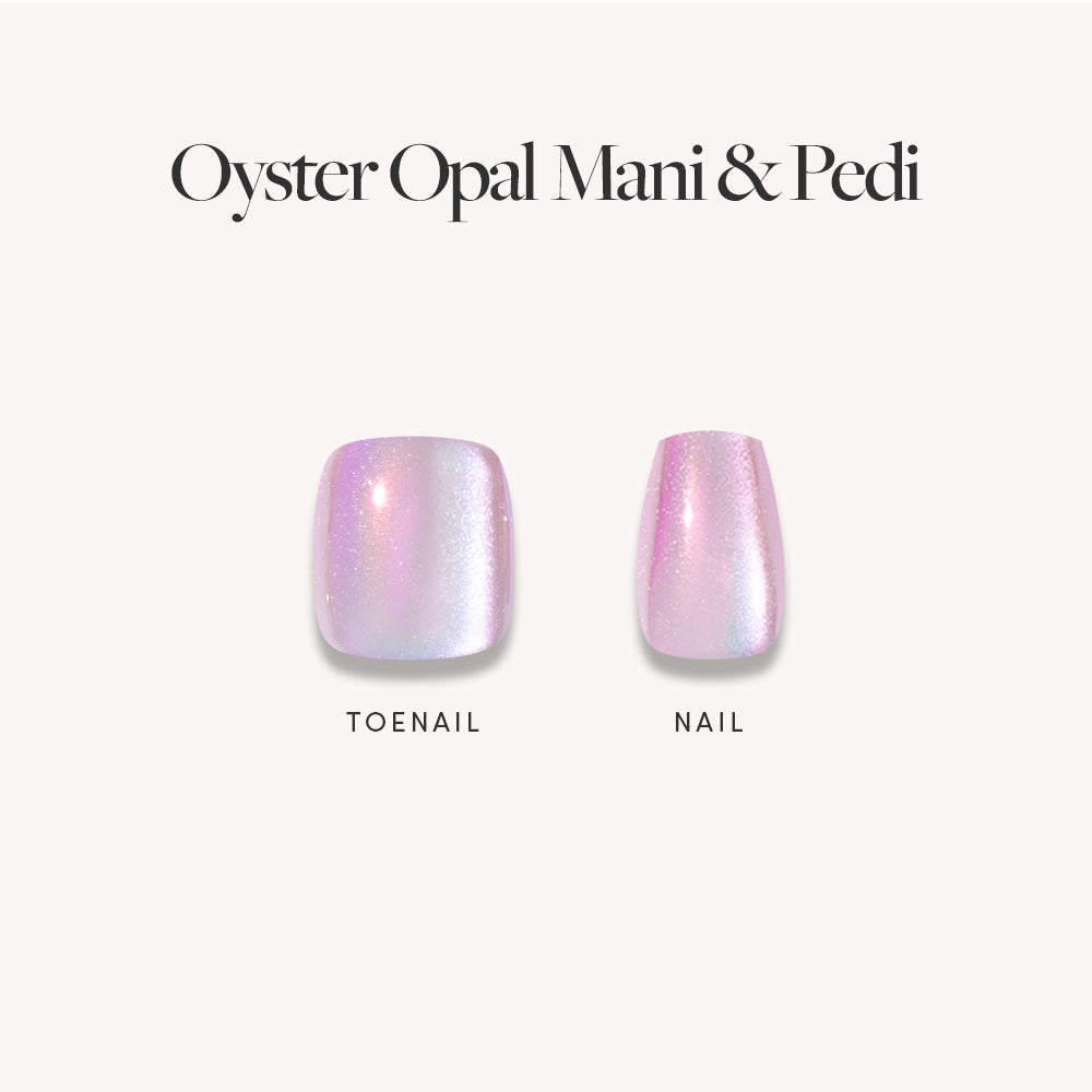 Two glamnetic press-on nails—a larger toenail and a smaller fingernail—shine with a pearlescent purple, iridescent opal finish under the label Pearlescent Purple Mani & Pedi Bundles. - Product image