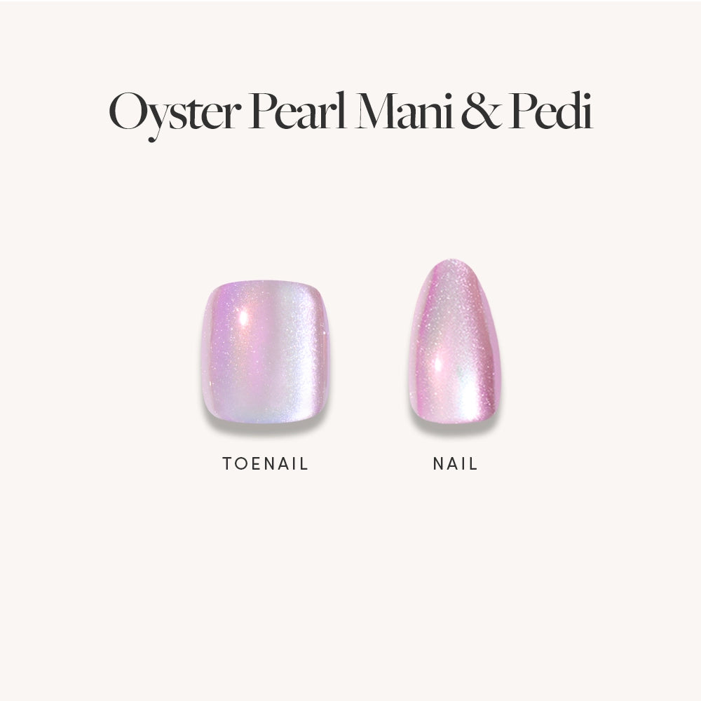 Two press-on nails from glamnetic’s Pearlescent Purple Mani & Pedi Bundles are shown on a pale background—the left is a toenail, the right a fingernail—both with a shiny, pearlescent purple finish.