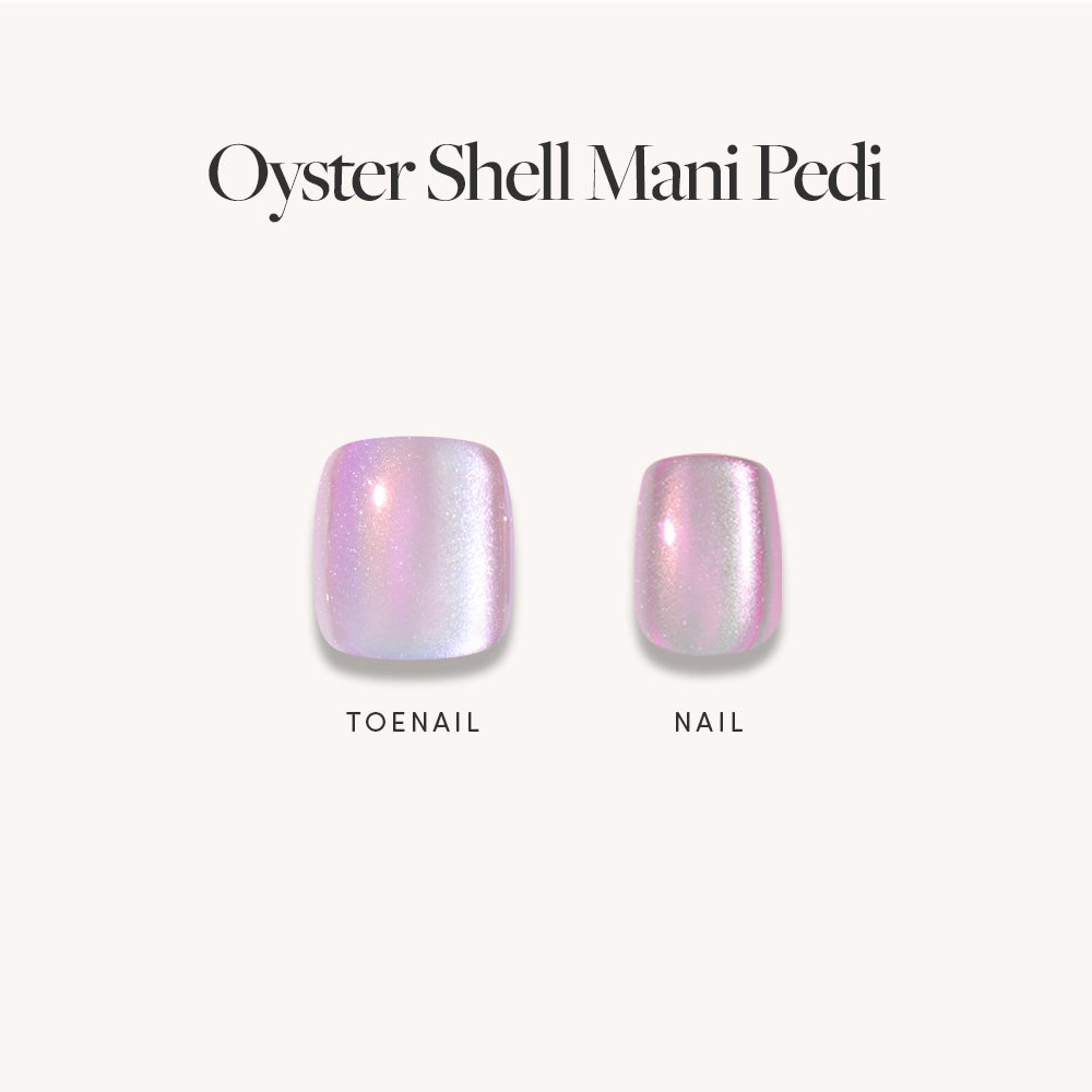 Two glamnetic press-on nails labeled toenail and nail in a pearlescent purple shade—ideal for the Pearlescent Purple Mani & Pedi Bundles—are shown on a light background. Text above reads Pearlescent Purple Mani Pedi. - Product image