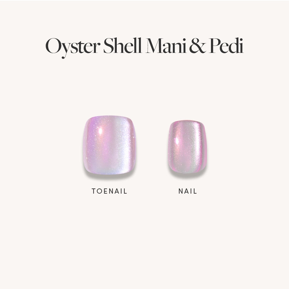 Two glamnetic press-on nails labeled toenail and nail in a pearlescent purple shade—ideal for the Pearlescent Purple Mani & Pedi Bundles—are shown on a light background. Text above reads Pearlescent Purple Mani Pedi. - Product image