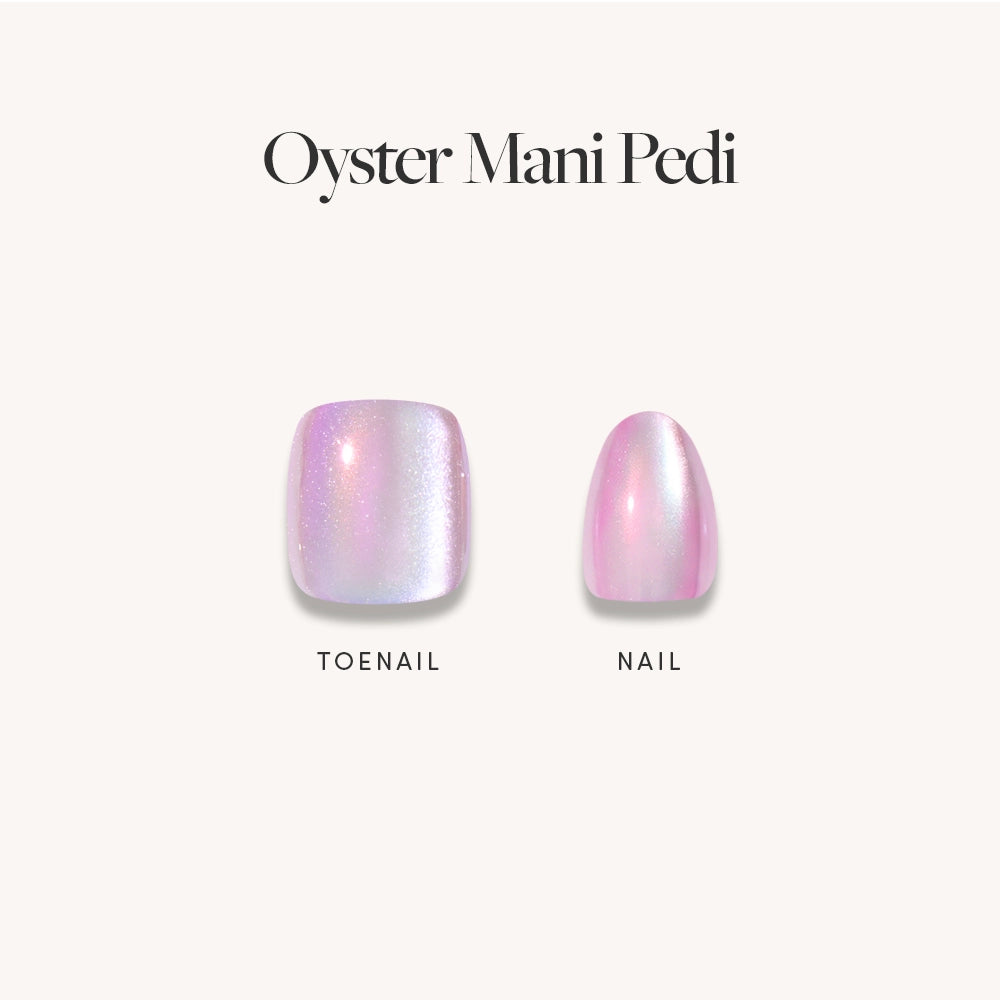 Two press-on nails from glamnetic’s Pearlescent Purple Mani & Pedi Bundles are displayed side by side on a white background, labeled Toenail and Nail, showcasing a shiny, iridescent finish in pink and pearly purple tones. - Product image