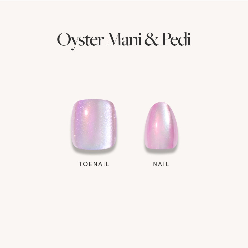 Two press-on nails from glamnetic’s Pearlescent Purple Mani & Pedi Bundles are displayed side by side on a white background, labeled Toenail and Nail, showcasing a shiny, iridescent finish in pink and pearly purple tones. - Product image