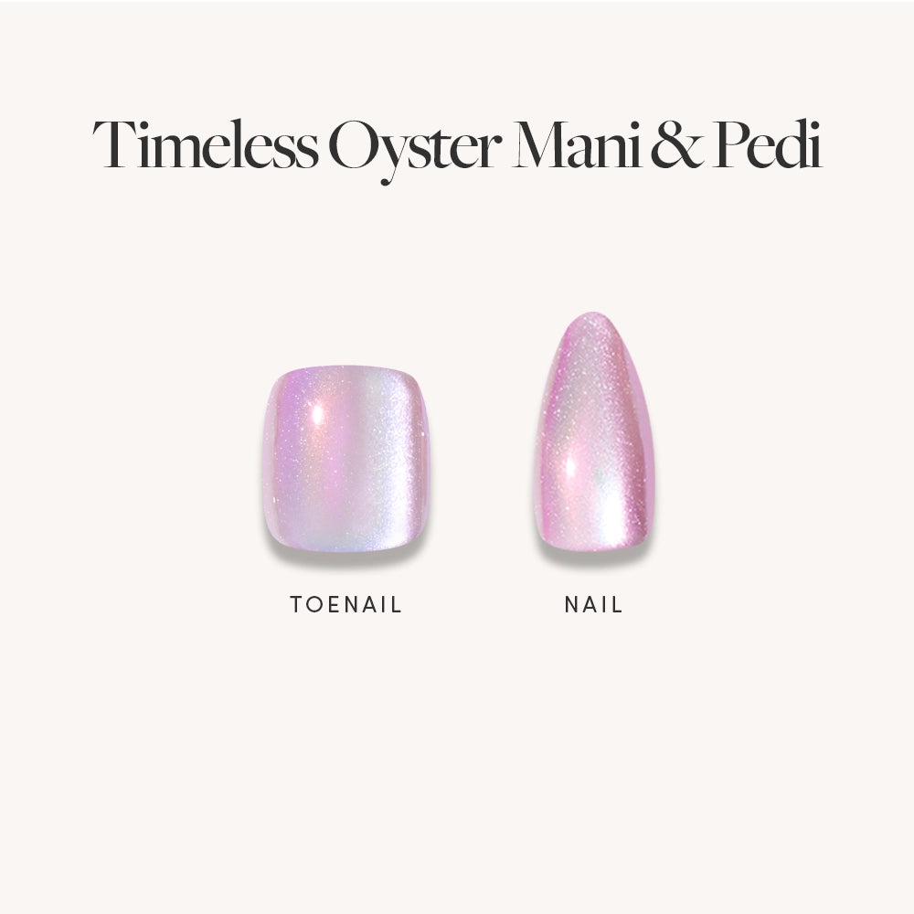 Two press-on nails from glamnetic, labeled TOENAIL and NAIL, show a shimmery pearlescent purple and pastel pink-white color. The square toenail and almond fingernail are part of the Pearlescent Purple Mani & Pedi Bundles.
