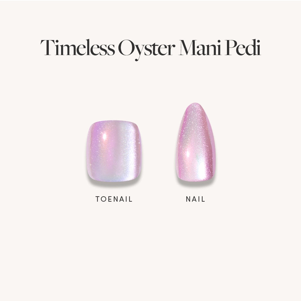 Two press-on nails from glamnetic, labeled TOENAIL and NAIL, show a shimmery pearlescent purple and pastel pink-white color. The square toenail and almond fingernail are part of the Pearlescent Purple Mani & Pedi Bundles.