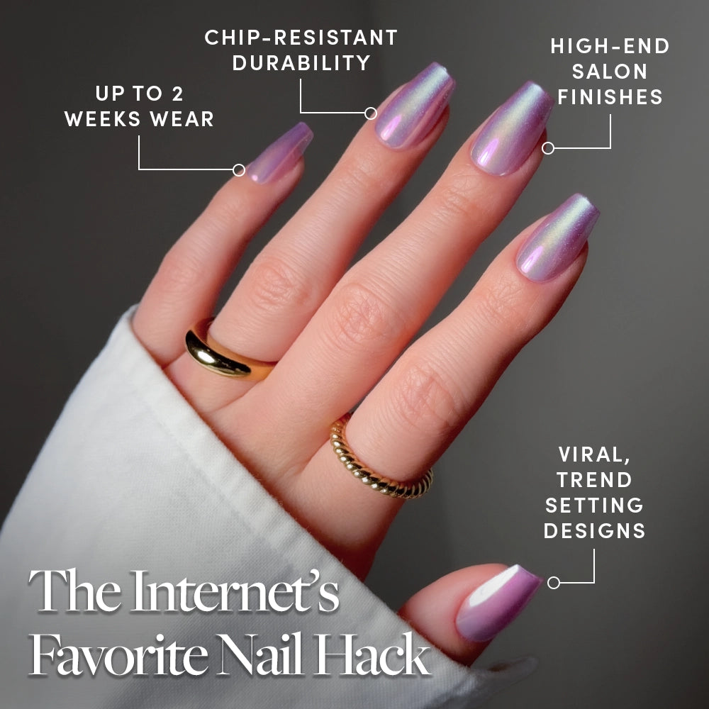 A hand with glamnetic’s Oyster Opal iridescent lavender, pearlescent nails is shown, featuring up to 2 weeks wear, chip-resistant durability, salon finishes, and trend-setting designs. Text: The Internet’s Favorite Nail Hack. - Product image