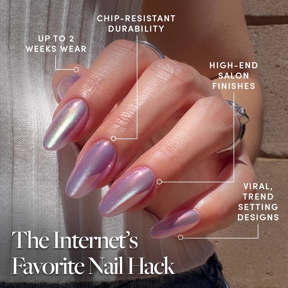 A hand with iridescent, medium oval "Oyster Pearl" nails by glamnetic is shown, highlighting up to 2 weeks wear, chip-resistant durability, salon-quality finish, and viral trendy design. Text reads: The Internet’s Favorite Nail Hack. - Product image
