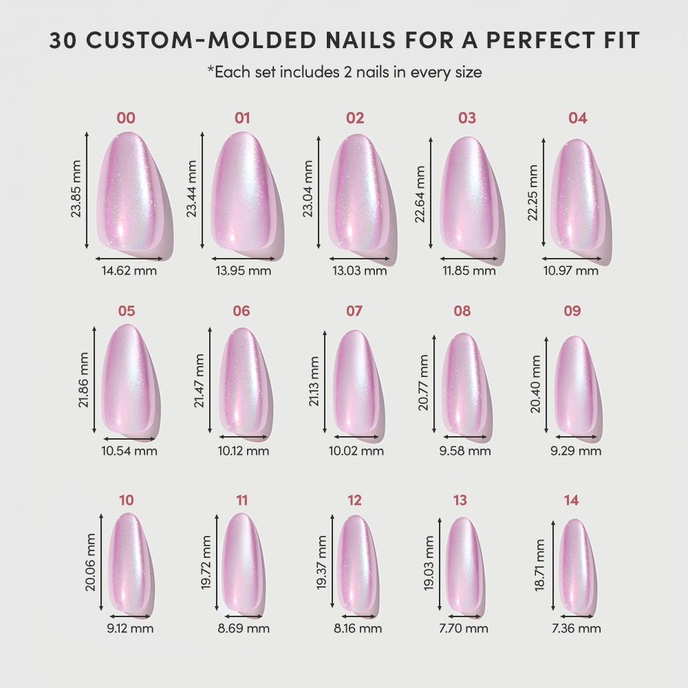 Image displaying 15 sizes of glamnetic Oyster Pearl press-on nails in glossy pink. Each custom-molded nail, labeled 00–14, shows width and length in millimeters. Top text highlights the perfect fit for Oyster Pearl by glamnetic. - Product image