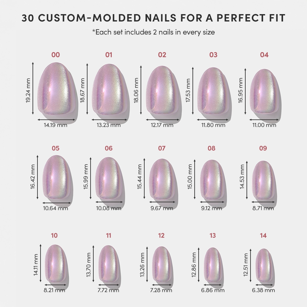 Chart displaying 30 iridescent, velvet finish custom-molded nail sizes (00–14) in two rows with precise length and width (mm), perfect for the ideal fit with the glamnetic Oyster Press-On Nail Set. - Product image