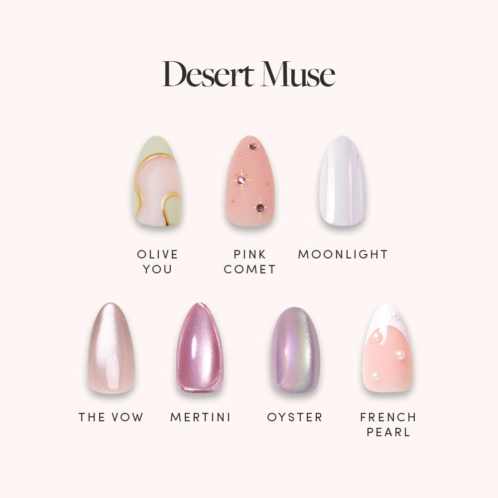 Under the title Desert Muse by glamnetic, six salon-quality nails in green, pink, white, pearl, mauve, and iridescent are displayed—each with a distinct design and name.