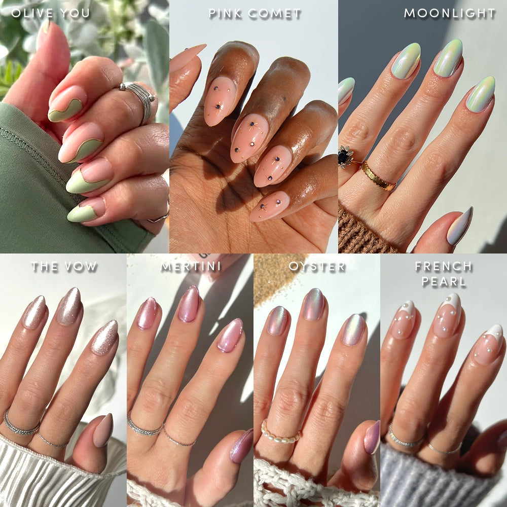 A collage of eight hands with salon-quality nails, including glamnetic’s Desert Muse set, labeled Olive You (green tips), Pink Comet (pink dots), Moonlight, The Vow, Merlini, Oyster, and French Pearl—perfect for festival-ready nail looks.