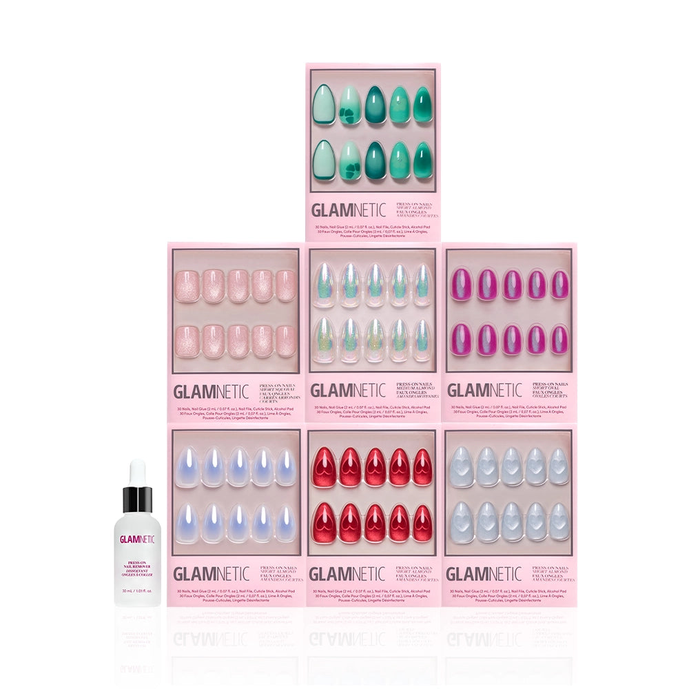 A display of eight glamnetic press-on nail boxes, featuring the Electric Sky set and velvet finishes in various styles, is pyramid-shaped with a glamnetic nail glue bottle to the left, all on a white background. - Product image
