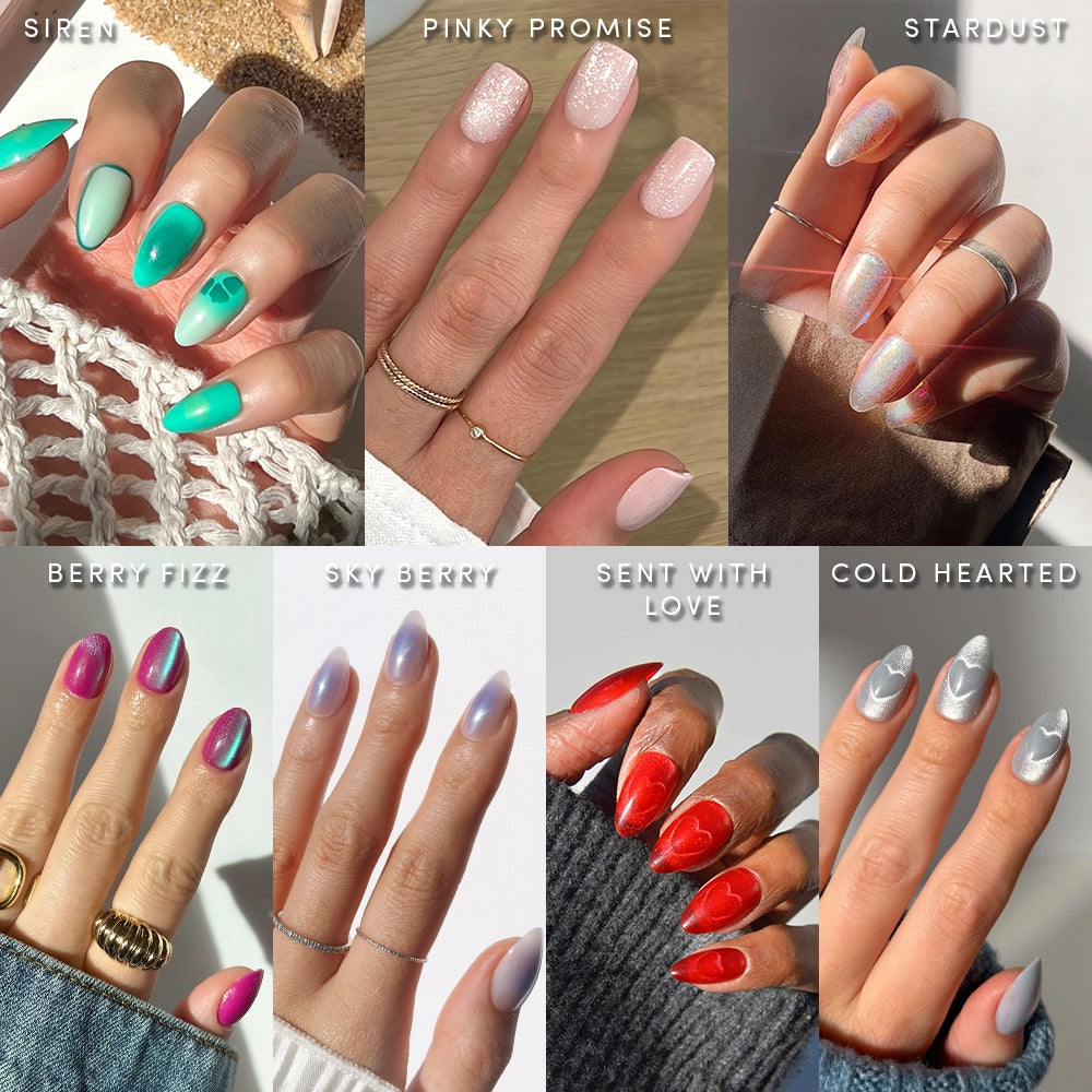 A collage of eight hands features glamnetic nail polish styles, including Electric Sky (holographic blue), Siren (teal), Pinky Promise (pink glitter), Stardust (shimmery silver), and more—ideal for a salon-quality or holographic mani at home.