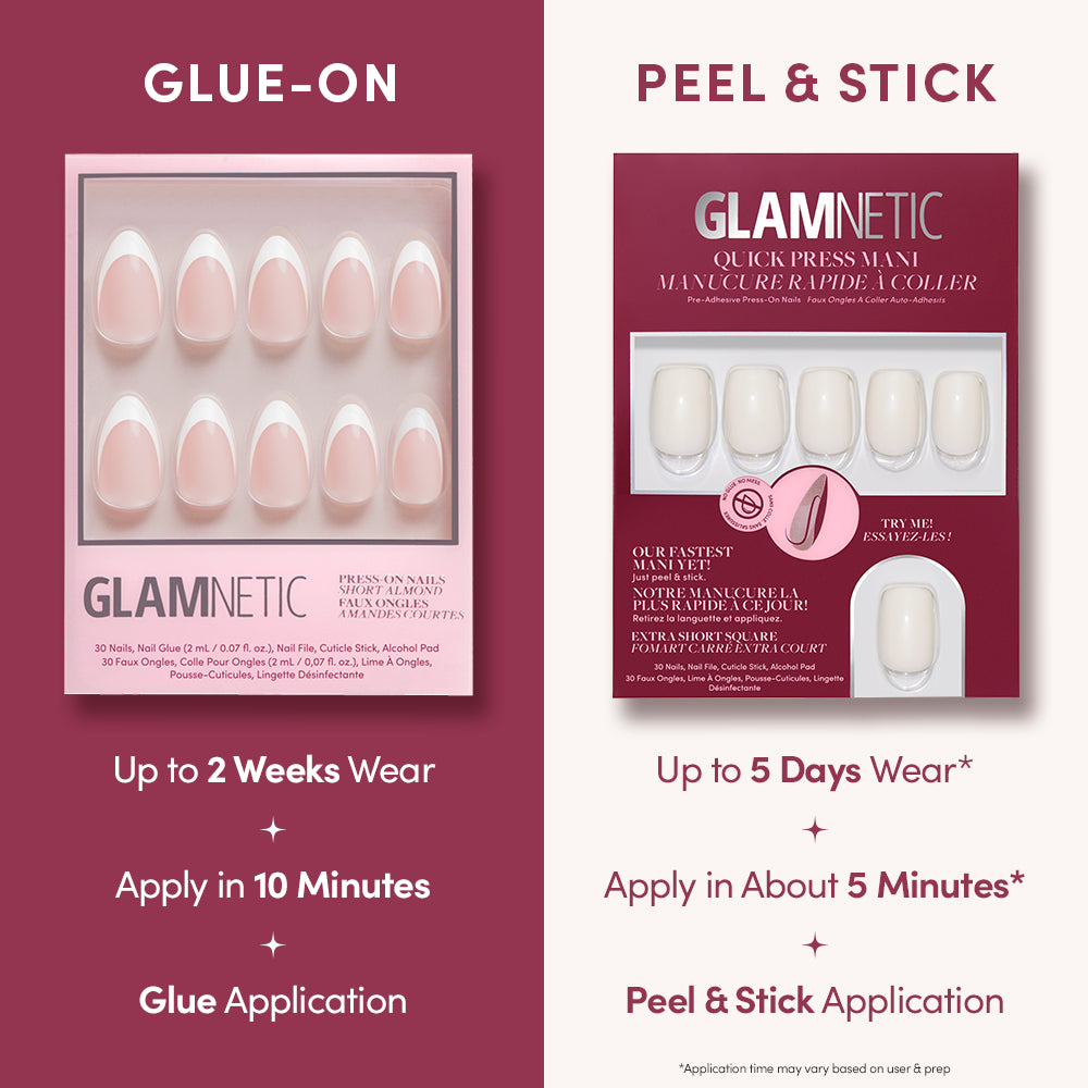 Side-by-side comparison of glamnetic Porcelain press-on nails (last up to 2 weeks, apply in 10 min with glue) and stick-on nails (last up to 5 days, apply in ~5 min with peel & stick). - Product image