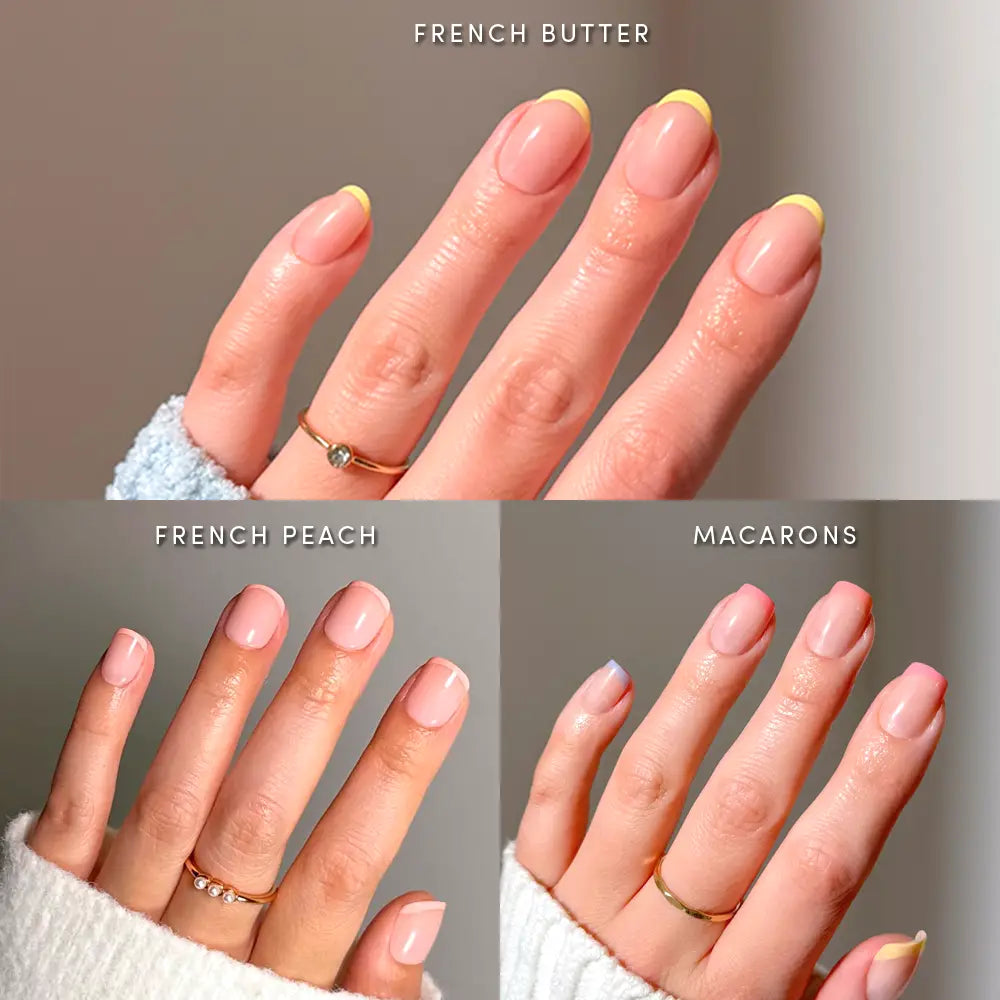 Three hands model glamnetics “Pardon My Pastels” nails—yellow French tips, peach tones, and colorful Macarons press-ons—against soft backgrounds. Text: “Pardon My Pastels.”.