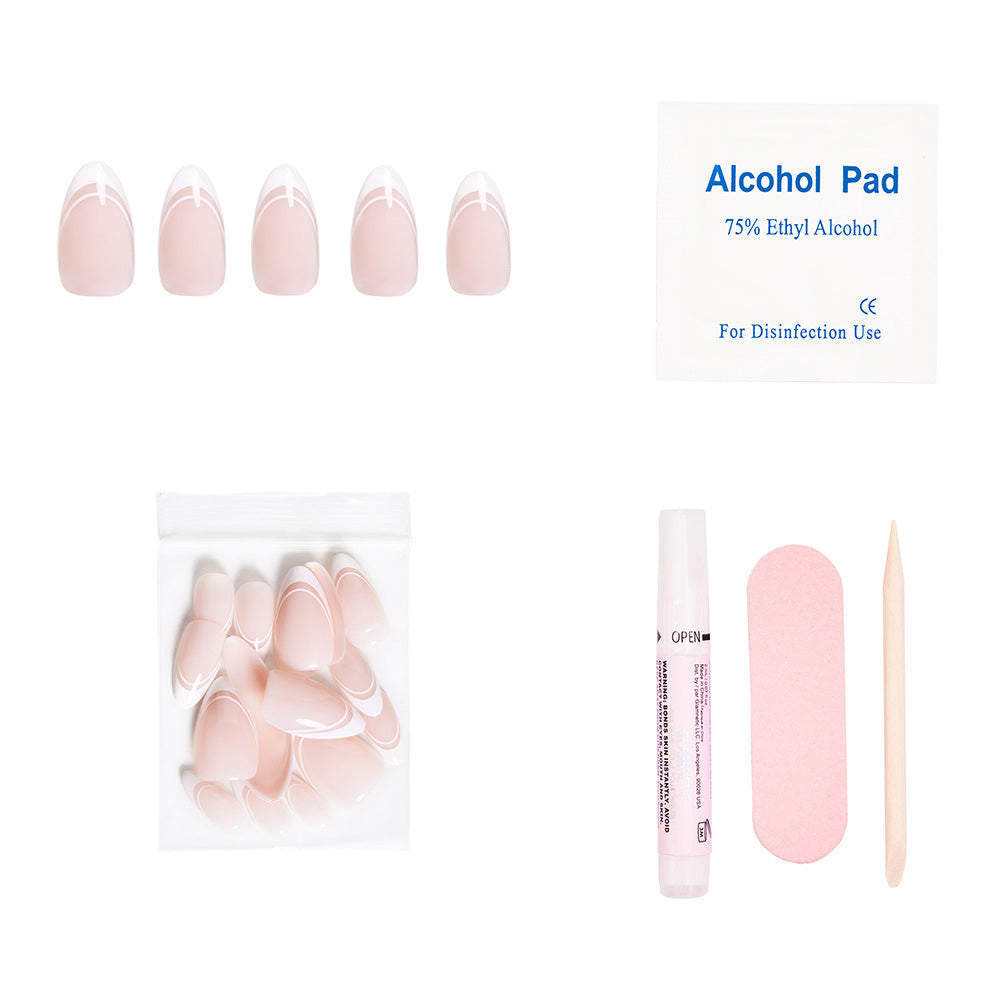 The glamnetic Paris Press-On Nail Set includes short almond-shaped nails, extra nails, glue, an alcohol pad, a pink nail file, and a wooden cuticle stick for effortless French chic. - Product image