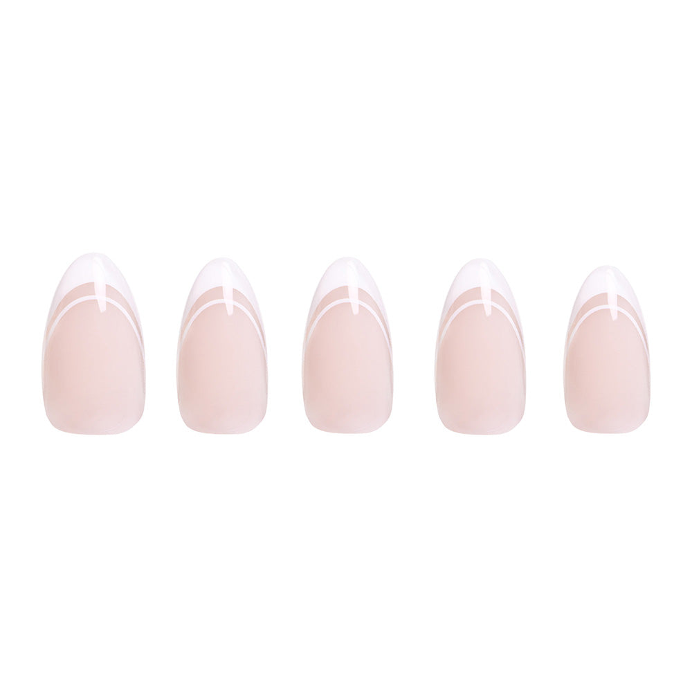 Five short almond artificial nails from glamnetics Paris set feature a nude base and white geometric French tips, displayed on a white background—ideal for adding chic French sophistication to your style. - Product image