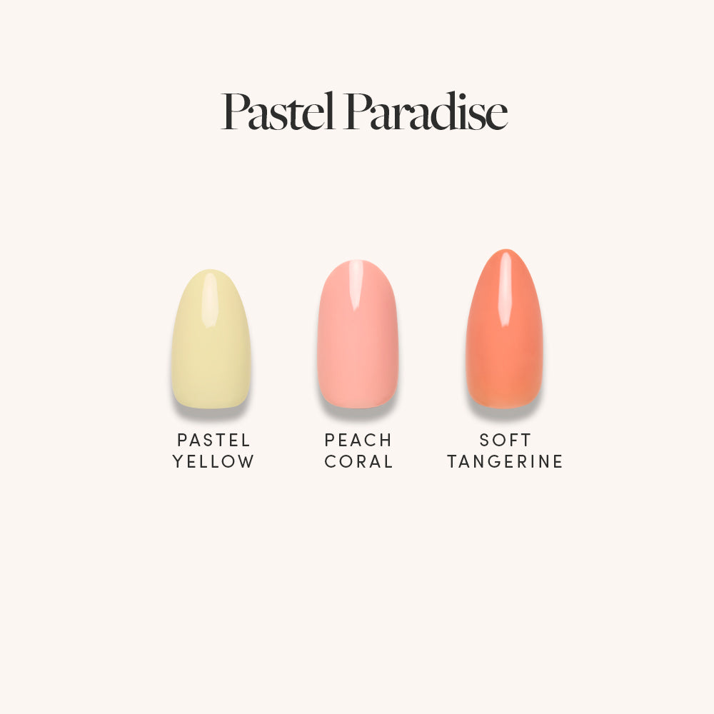 Three salon-quality glamnetic press-on nails are shown vertically in pastel yellow, peach coral, and soft tangerine. Pastel Paradise appears above the nails against a light background. - Product image