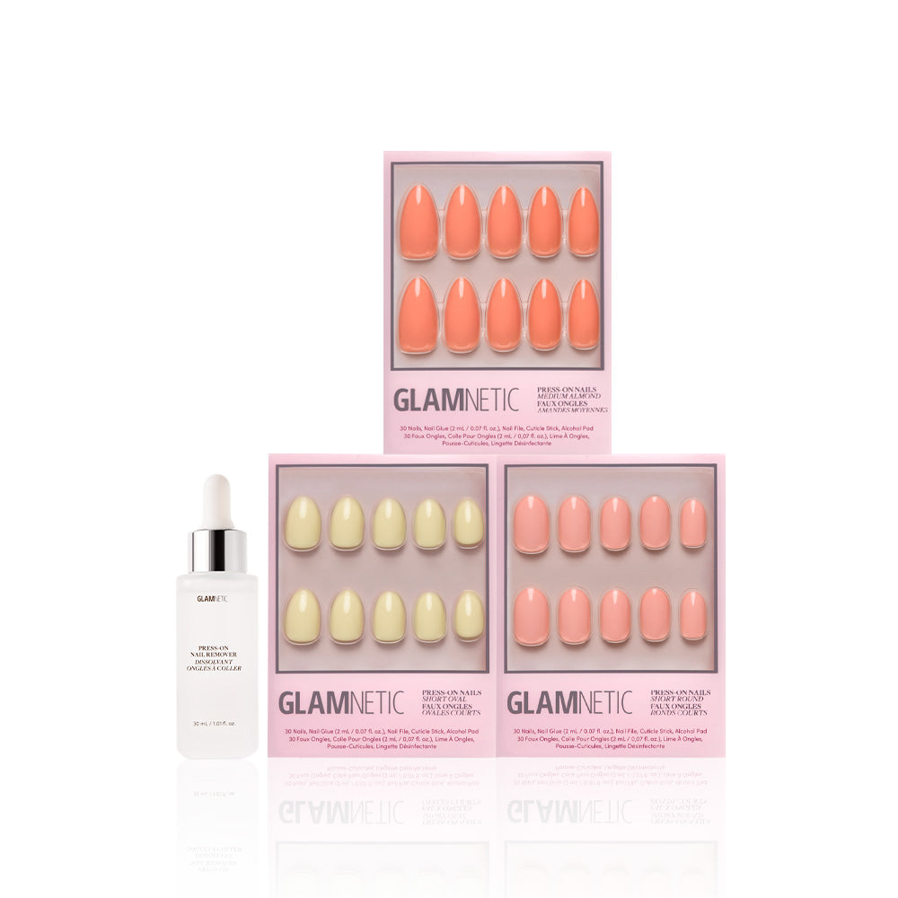 Three boxes of glamnetics Pastel Paradise salon-quality press-on nails in pastel colors are stacked above a dropper bottle of nail serum, arranged on a white background. - Product image