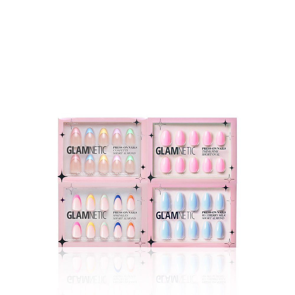 Four glamnetic Pastel Princess press-on nail boxes are arranged in a two-by-two grid on a white background. Each pink package displays ten pastel nails through a clear window. - Product image