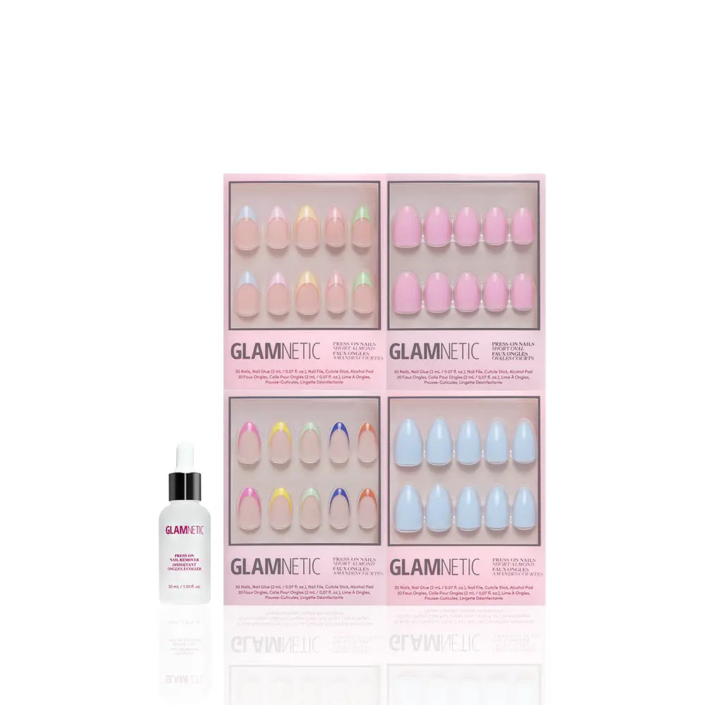 Four boxes of glamnetic Pastel Princess press-on nails in a range of pastel hues and unique designs, accompanied by a bottle of glamnetic nail glue—all stylishly displayed on a white background. This chic set is ideal for effortless style lovers who prefer short almond-shaped nails. - Product image