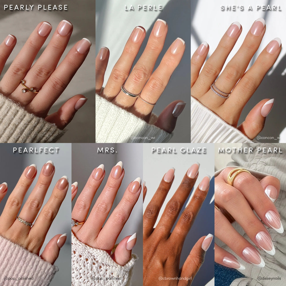 A collage of eight hands showcases pearly nude and white French tip manicures from glamnetic’s Pearl Posse Bundle, each labeled with a unique style name against simple neutral backgrounds. - Product image