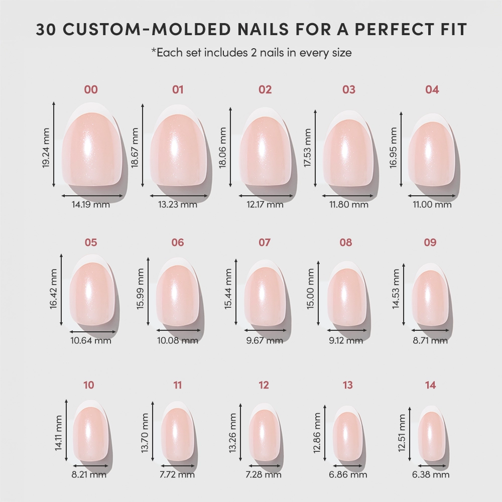 A chart displays 15 Pearlfect custom-molded pink press-on nails by glamnetic, numbered 00–14, with labeled widths and lengths in millimeters. Nails are arranged in rows, and set contents are described at the top. - Product image