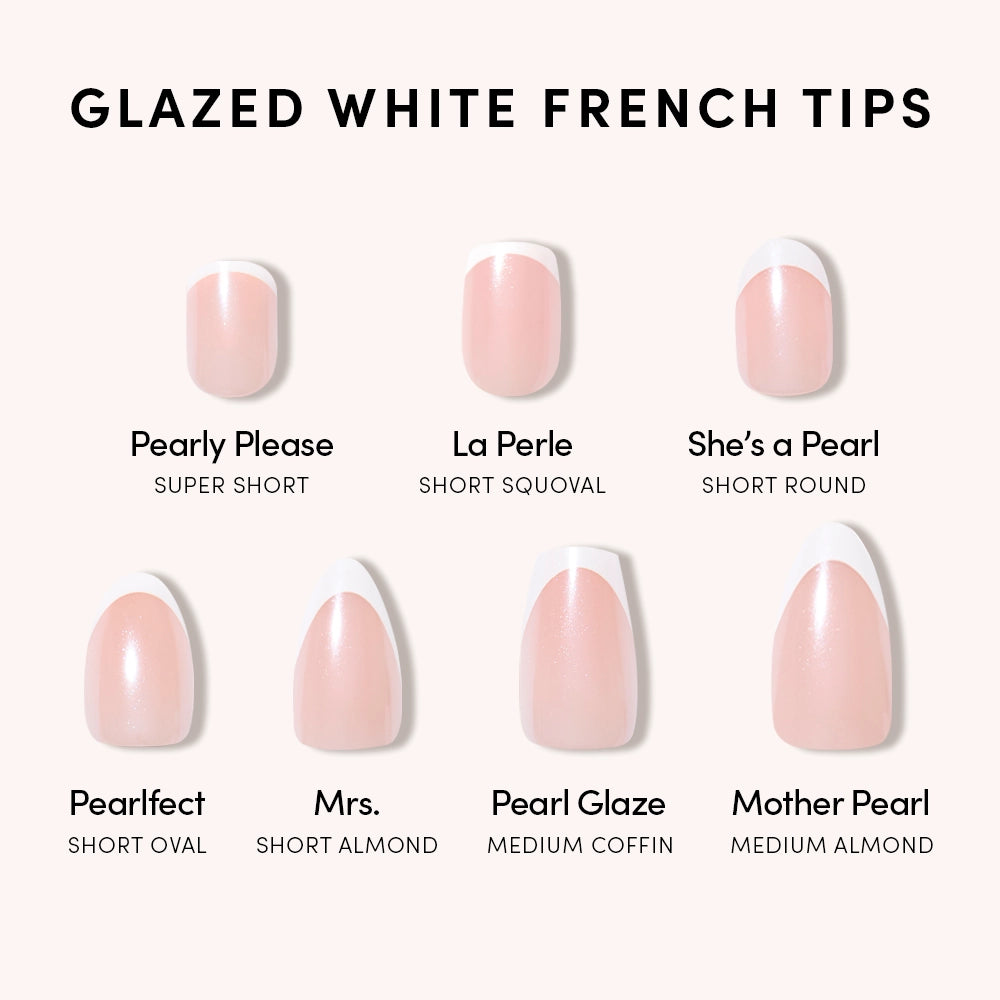 A chart titled Pearly Please by glamnetic shows seven nail shapes with a glossy, pearl-toned finish and white French tips. Each shape is labeled: super short, short squoval, short round, short oval, short almond, medium coffin, and medium almond. - Product image
