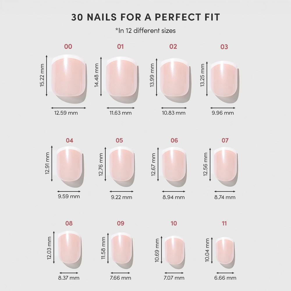 A chart displays 12 Pearly Please artificial nail sizes by glamnetic, each numbered 00–11 with width and height in millimeters, for a customizable fit and chic light pink French tip manicure. - Product image