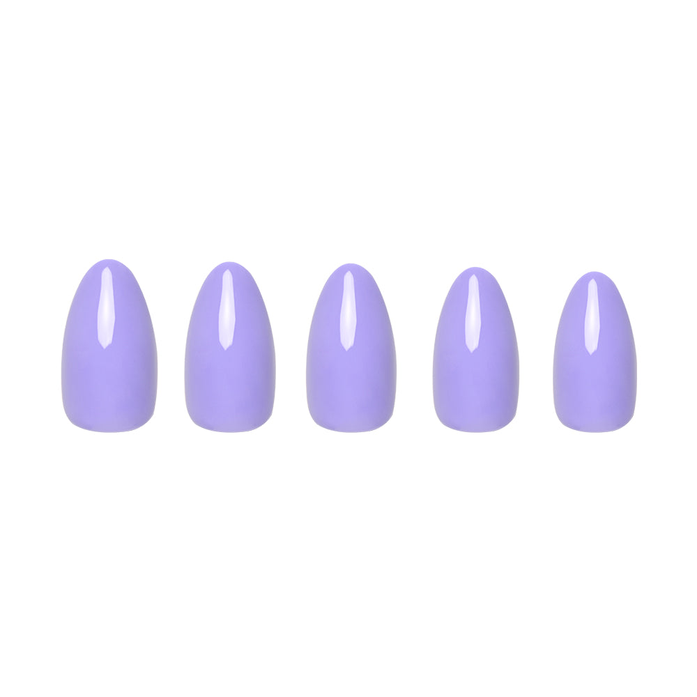 Five glamnetic Periwinkle press-on nails in a smooth, glossy lavender are arranged in a row on a white background, showcasing their vibrant color and sleek finish. - Product image