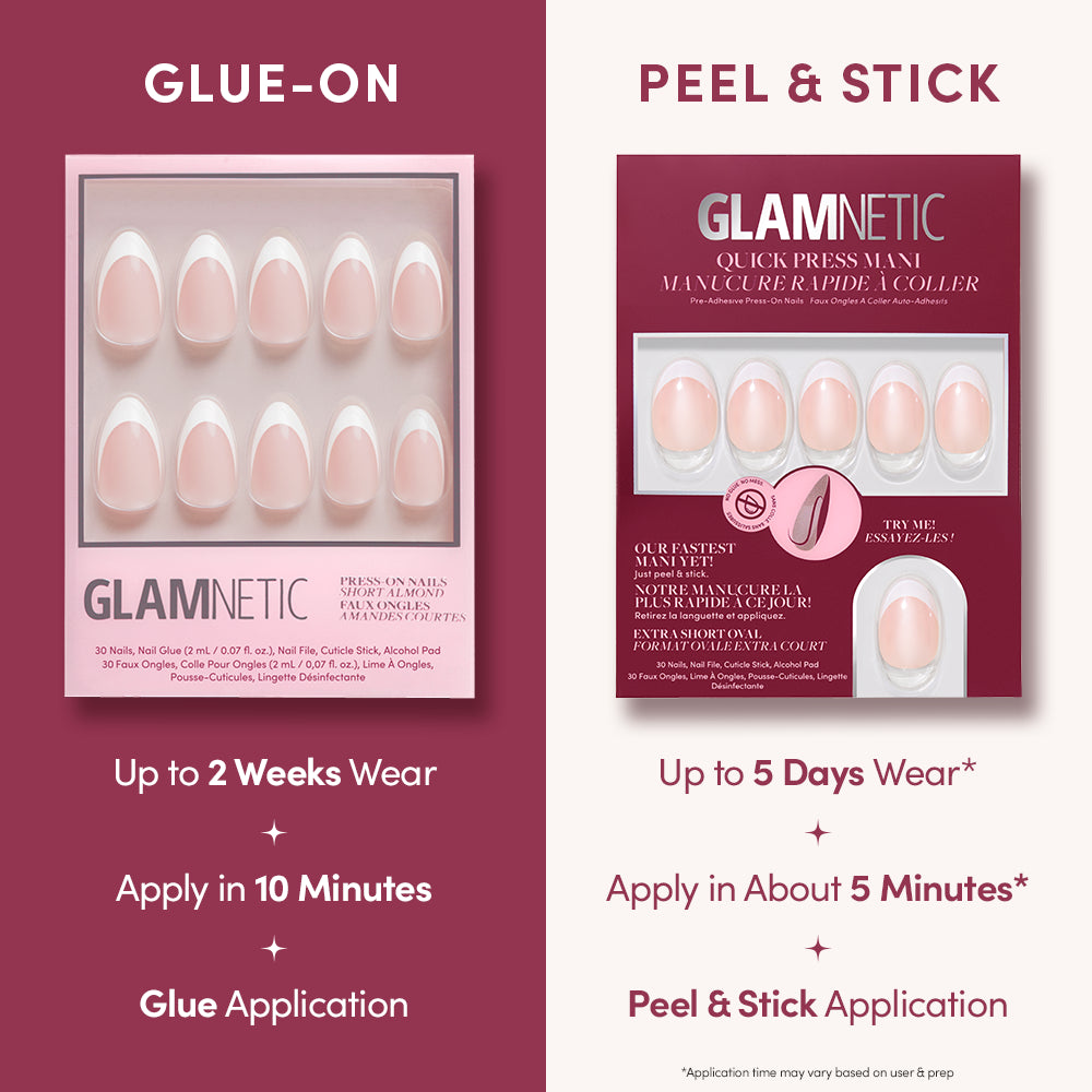 Comparison chart for Petite Pearls extra short almond press-on nails, contrasting a glue-on kit lasting up to two weeks with a peel-and-stick kit lasting up to five days. - Product image