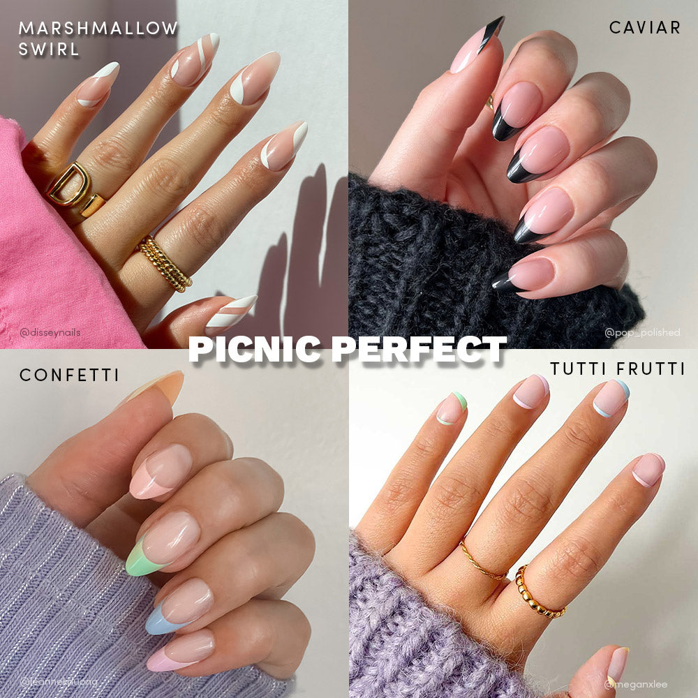 A collage of four glamnetic Picnic Perfect manicures: Caviar Marshmallow swirl tips, bold black French tips, playful Swirl Confetti pastels, and vibrant Tutti Frutti multicolored tips. - Product image