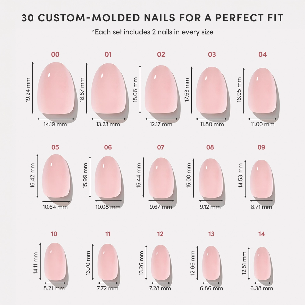 A chart of 15 custom-molded Pinch Me fake nails by glamnetic, labeled 00–14, shows each short oval nail’s width and length in millimeters for a perfect fit. Glossy glazed overlay options included. - Product image