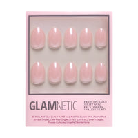 A box of glamnetic Pinch Me press-on nails in short oval shape, featuring ten glossy glazed light pink faux nails, arranged in two rows and displayed in pink packaging.