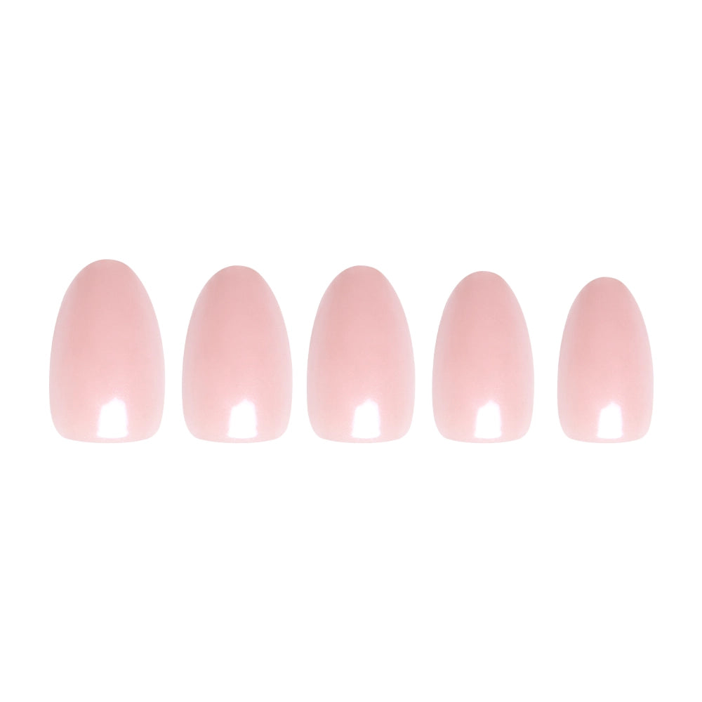 Five short oval nails from glamnetic’s Pinch Me set feature a light pink, glossy glazed finish. Arranged in a row against a white background, they showcase the sets elegant and sophisticated style. - Product image