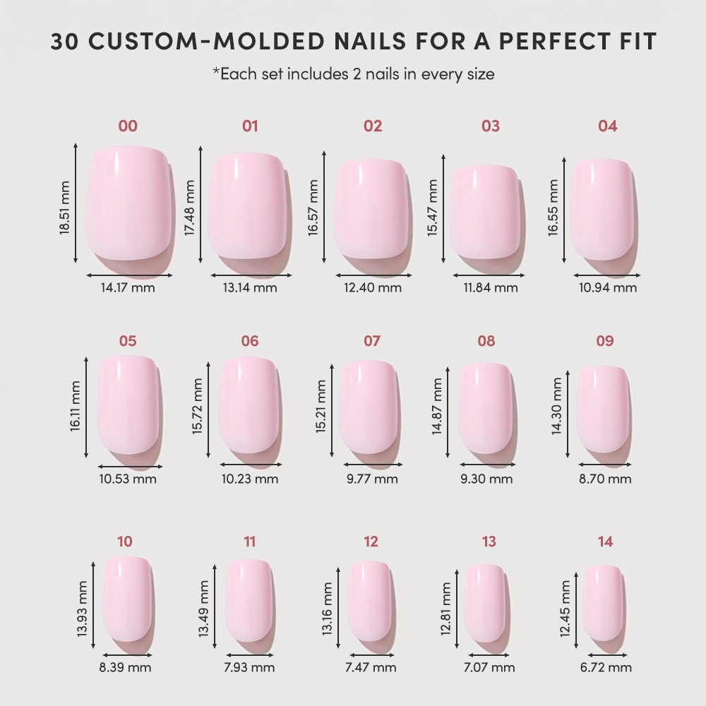 A chart displays 15 numbered sizes of glamnetic Pink Control custom-molded press-on nails, each with exact width and length in millimeters, for a perfect fit set of 30 glossy blush nails. - Product image