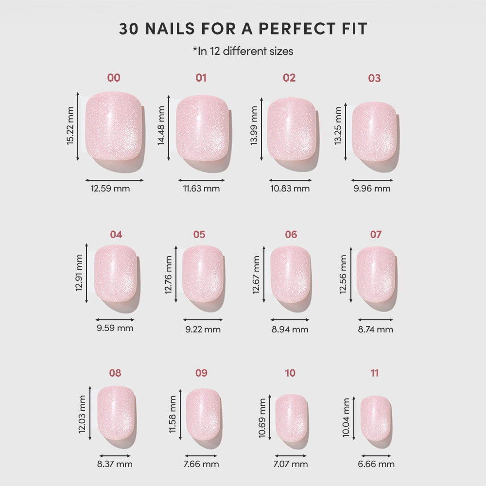 The Pink Legacy by glamnetic is a set of 12 glossy, salon-quality pink press-on nails in super short length. Arranged in four rows, each nail (sizes 01–12) includes height and width measurements listed below. - Product image