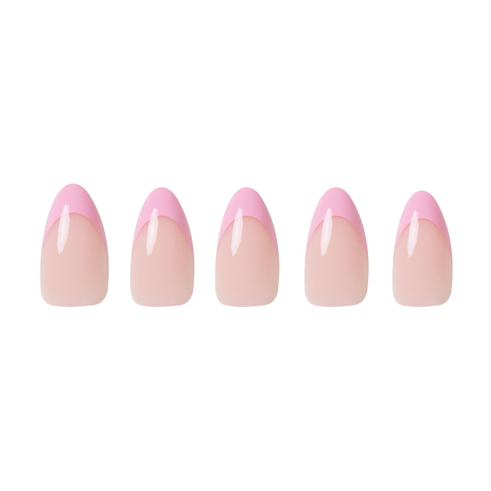 Five almond-shaped artificial nails from glamnetic’s Pink Macaron set, featuring glossy curved French tips, are arranged in a row on a white background. - Product image