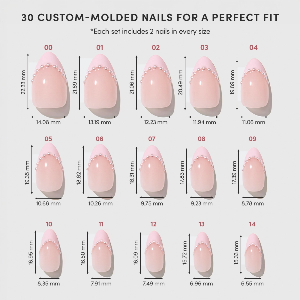 A chart displays 15 custom-molded glamnetic Pink Me Up almond press-on nails (sizes 00–14) in blush pink French tips, each labeled with width and length in millimeters. - Product image