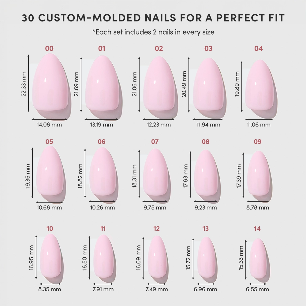A chart displaying 15 sizes of glamnetic’s Pink Poise blush pink press-on nails, each short almond-shaped and custom-molded with millimeter measurements. Every set includes two nails per size for a perfect fit. - Product image