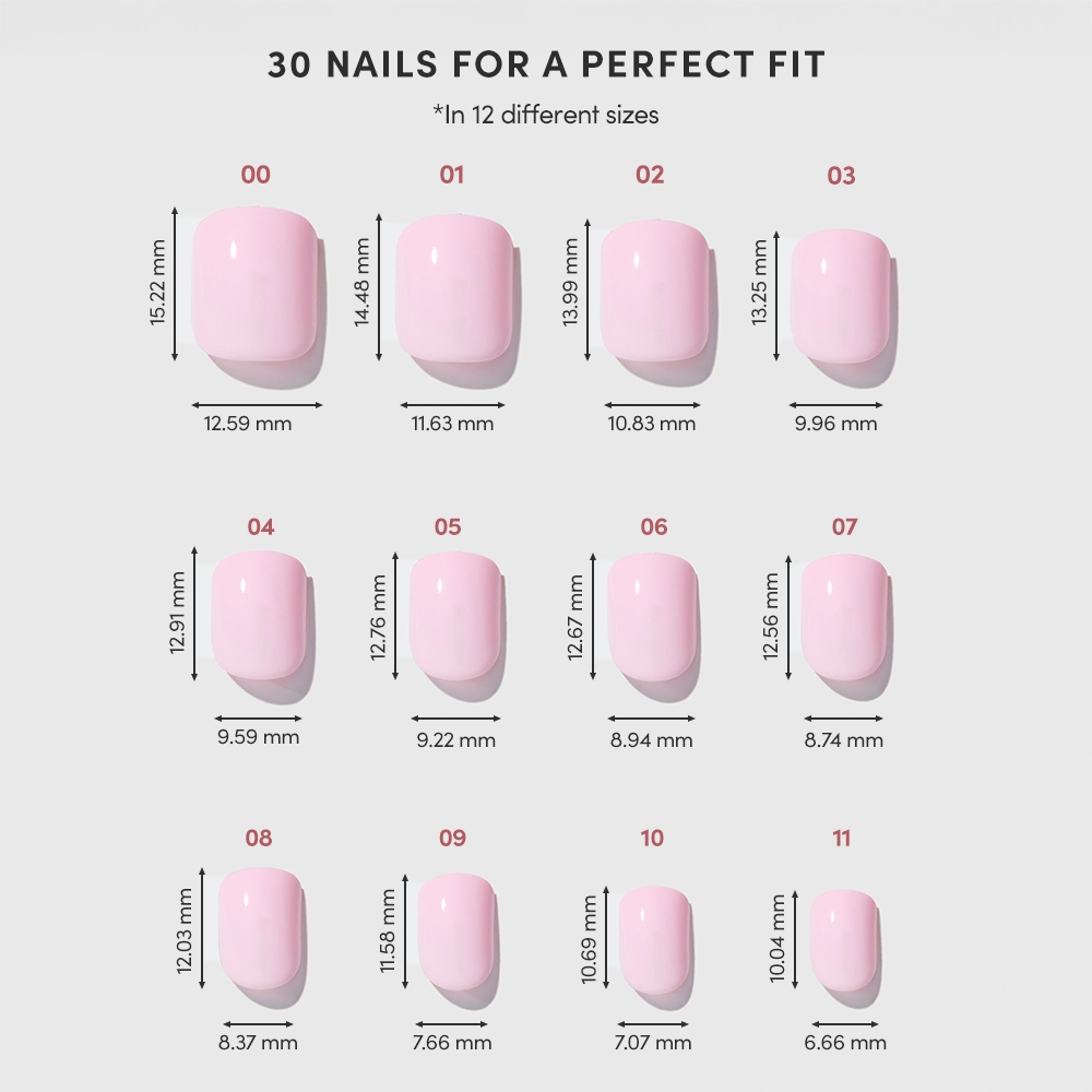 A chart displays 12 Pink Pop press-on nail sizes (00–11) with width and height in mm, topped by “30 Nails For a Perfect Fit.” From glamnetic, perfect for glossy blush or super short press-on nail fans. - Product image