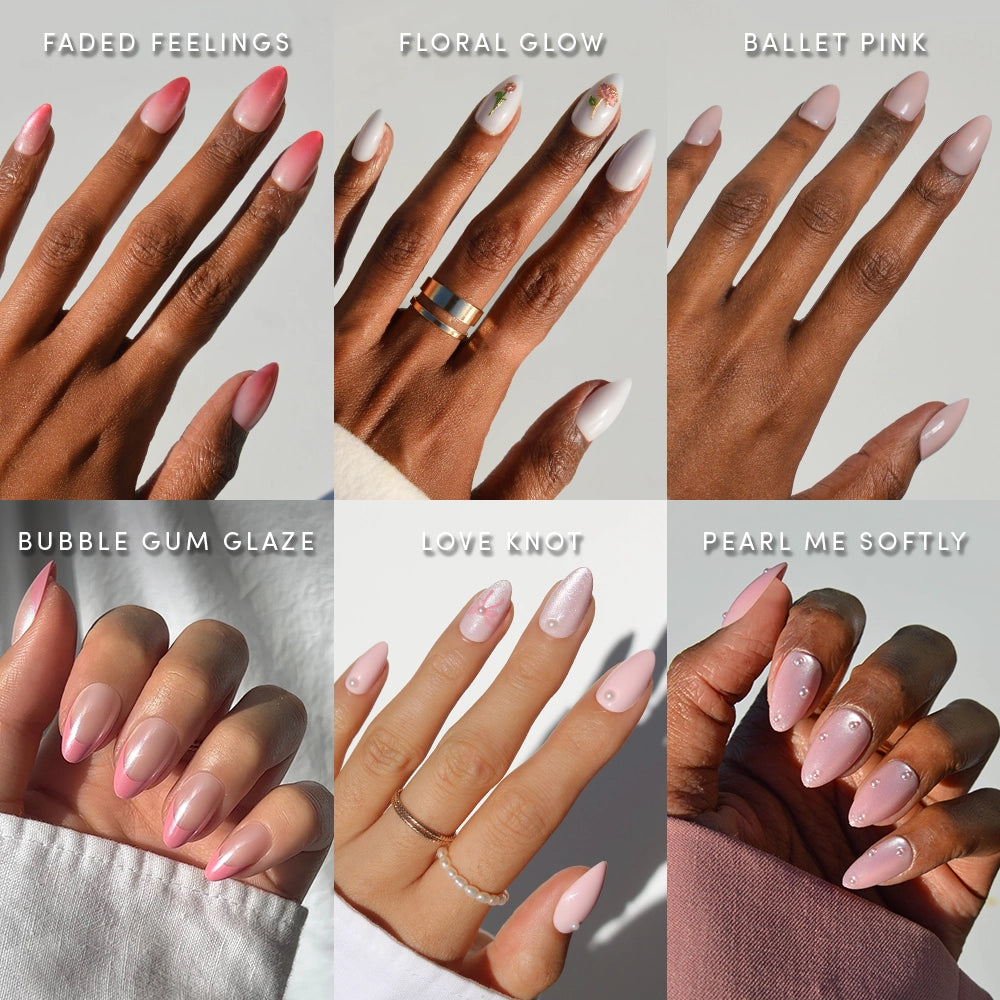 Six images of hands displaying different pink press-on nails from glamnetic in the Pink Prep School collection. Each hand features a unique light pink manicure style on short almond press-on nails—perfect for an elegant yet easy-to-wear look. - Product image